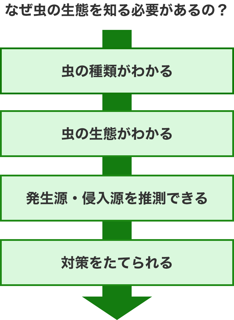 虫の種類がわかる→虫の生態がわかる→発生源・侵入源を推測できる→対策をたてられる→